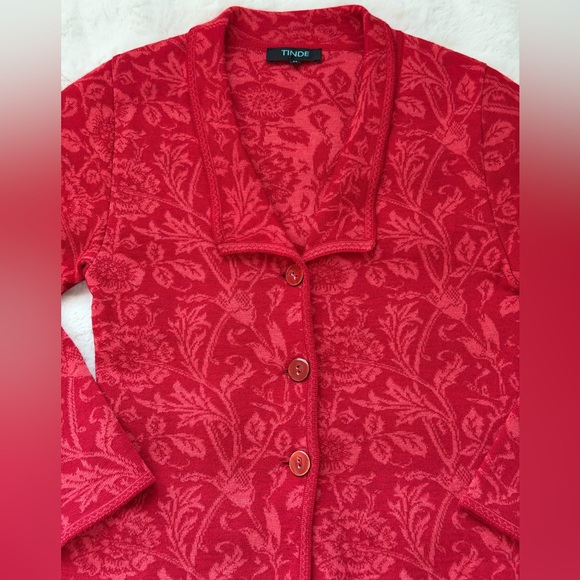 TINDE Extrafine Merino Wool Chic Red Floral Jacquard Pattern Cardigan Jacket -M - Picture 10 of 16